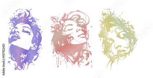 Detailed trendy design for natural products, wall art, social media, prints, invitations and branding design. Vector set of line drawings of decorated women's heads with flowers, plants and leaves.