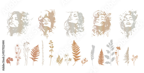 Detailed trendy design for natural products, wall art, social media, prints, invitations and branding design. Vector set of line drawings of decorated women's heads with flowers, plants and leaves.