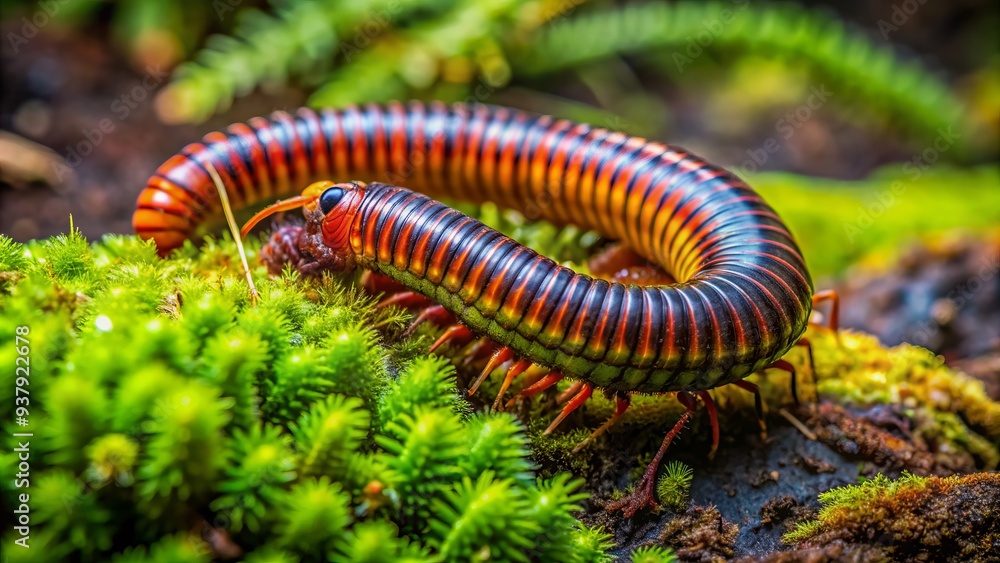 Colorful, segmented millipede crawling slowly on moist, moss-covered forest floor, its many legs wiggling in unison as it searches for decaying organic matter to consume. Colorful, segmented millipede crawling slowly on moist, moss-covered forest floor, its many legs wiggling in unison as it searches for decaying organic matter to consume.