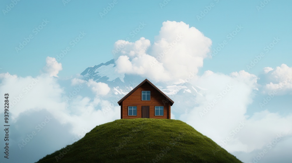 A charming wooden house perched on a lush green hill under a clear blue sky with fluffy clouds in the background. A charming wooden house perched on a lush green hill under a clear blue sky with fluffy clouds in the background.