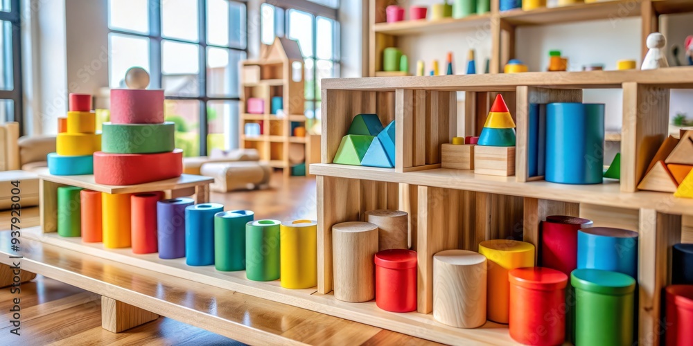 Colorful wooden geometric shapes, cylinders, and blocks, arranged on a shelf, promoting educational play, creativity, and critical thinking in a child-centered learning environment. Colorful wooden geometric shapes, cylinders, and blocks, arranged on a shelf, promoting educational play, creativity, and critical thinking in a child-centered learning environment.