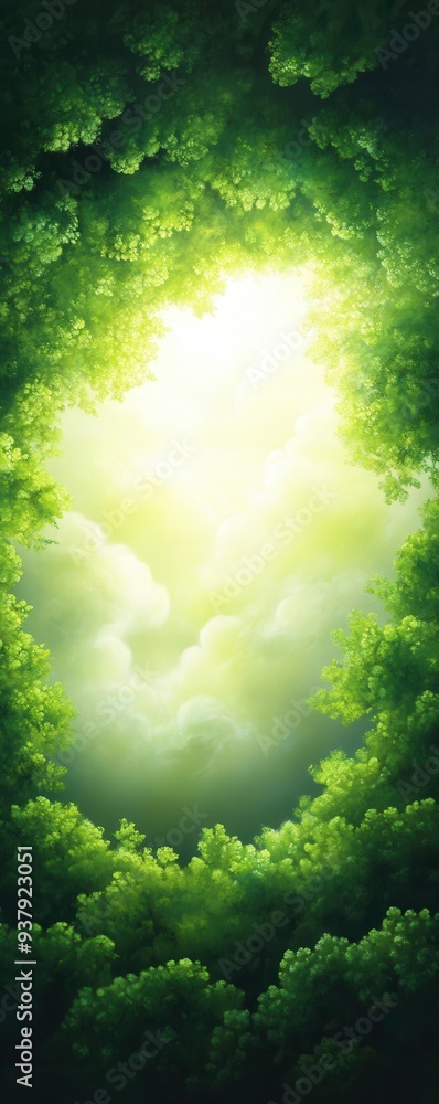 Fototapeta premium A serene light filtering through lush green foliage, creating a calming atmosphere in a natural setting.