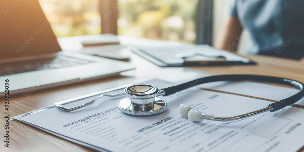 Doctor's Office Desk: Stethoscope on Health Insurance Form Doctor's Office Desk: Stethoscope on Health Insurance Form
