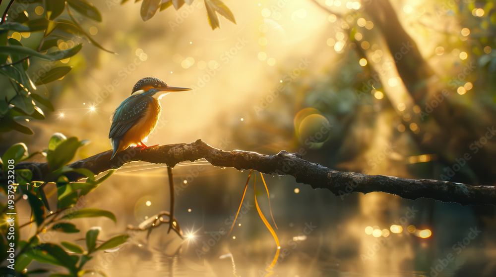Fototapeta premium A dynamic shot of a kingfisher perched on a branch, just about to take flight, the surrounding foliage slightly out of focus