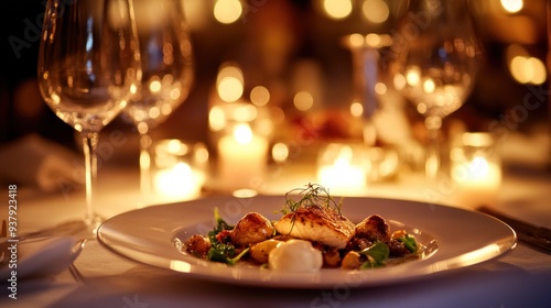 Candlelit Dinner Table with Gourmet Fish Dish