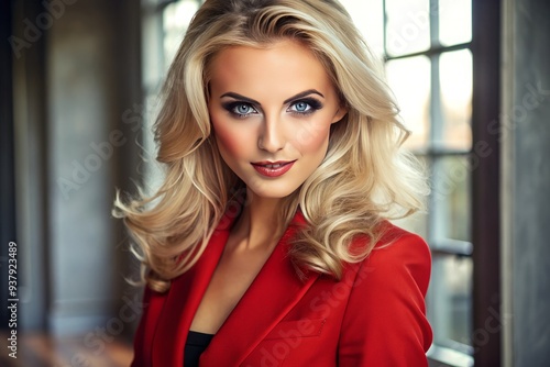 Free Download Confident and stylish blonde woman with smoky eyes and chic hairstyle gazes at camera with a radiant smile, wearing a bold red jacket, indoors. - GFXLoad