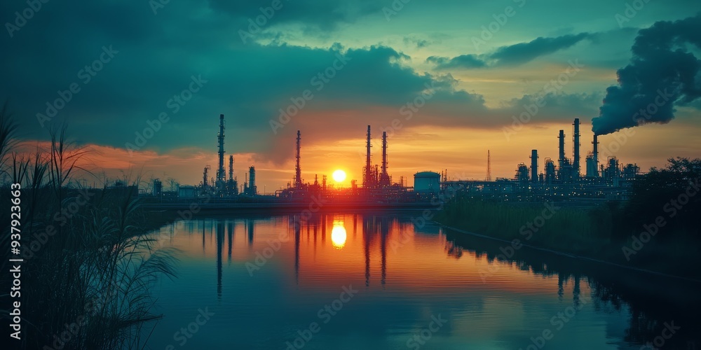 Naklejka premium Industrial Zone: Oil Refinery at Sunset