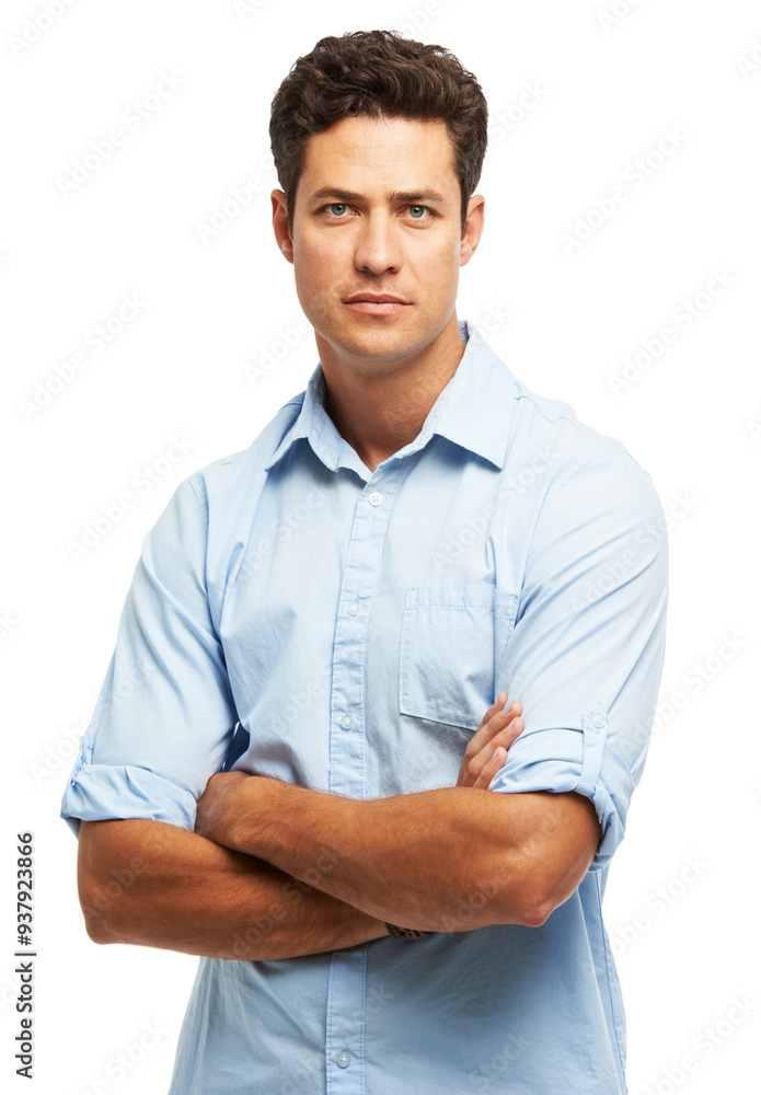 Arms crossed, portrait and serious with business man in studio isolated on white background. Confident, mission and model with professional employee ready for internship or start of work career Arms crossed, portrait and serious with business man in studio isolated on white background. Confident, mission and model with professional employee ready for internship or start of work career