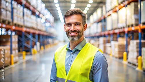 Confident logistics supervisor with a friendly smile, standing in a warehouse, looking directly at the camera, with a blurred background and plenty of copy space.