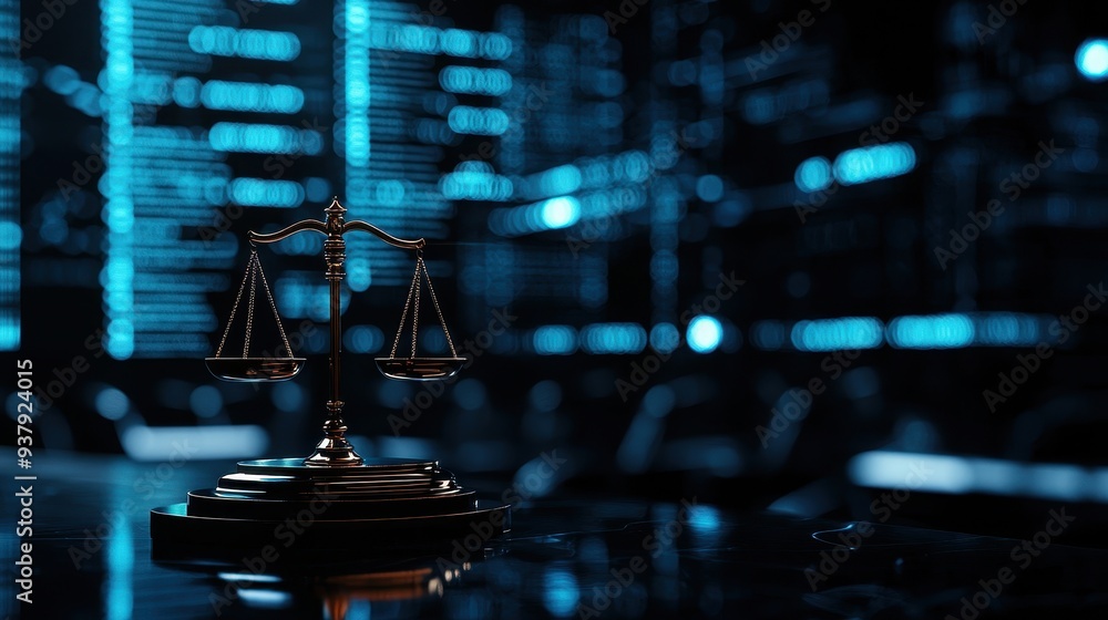 A close-up of a legal scale, symbolizing justice and law, displayed against a futuristic digital backdrop. A close-up of a legal scale, symbolizing justice and law, displayed against a futuristic digital backdrop.