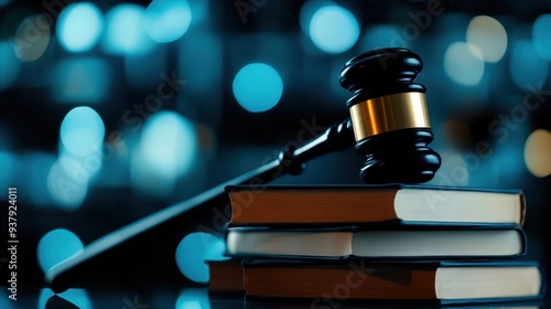 A close-up view of a gavel resting on law books with a soft bokeh background, symbolizing justice and legal authority. photo