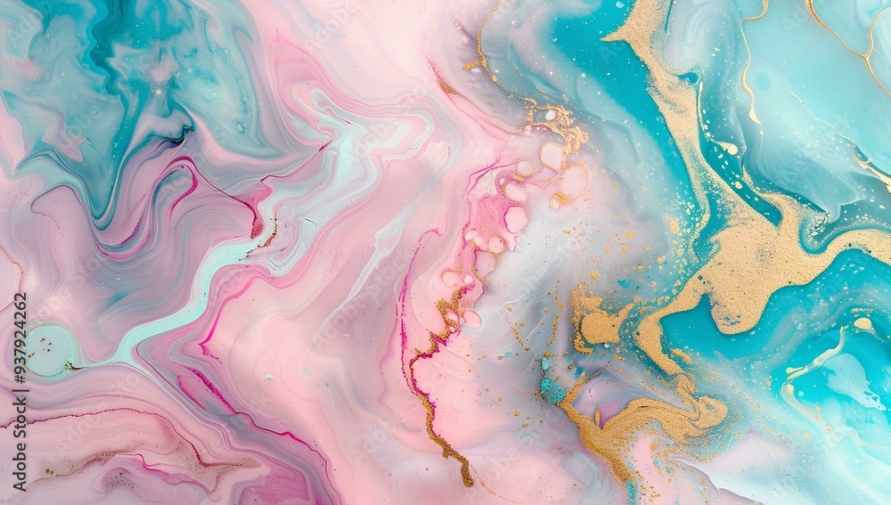 Fototapeta premium Beautiful luxury abstract fluid art painting in marble texture with liquid gold swirls, turquoise and pastel pink colors for elegant background design