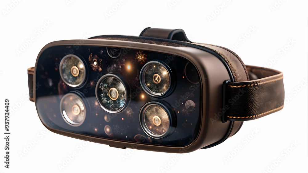 Obraz premium 3D VR Headset with Holographic Currency Icons concept as Horizontal shot of a VR headset on a white surface with glowing holographic currency icons floating around it creating a futuristic Black Frida