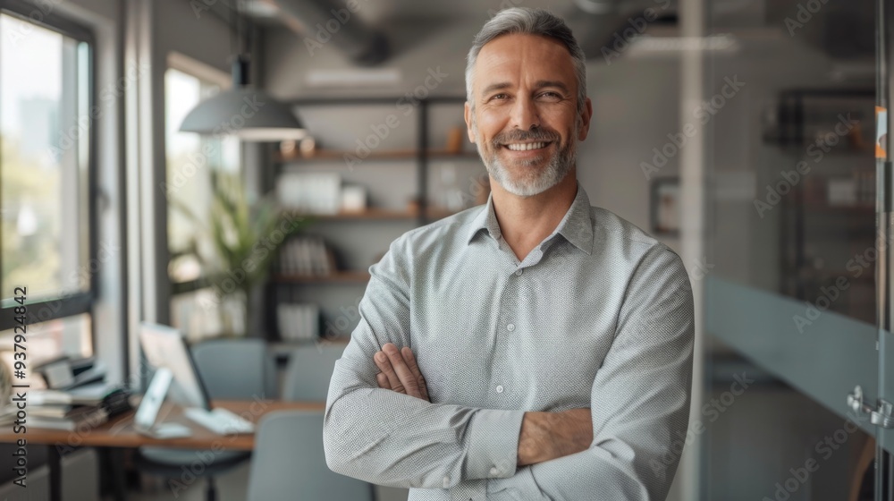Smiling handsome businessman with crossed arms in modern office, middle-aged gray-haired man exuding confidence, business success concept. Smiling handsome businessman with crossed arms in modern office, middle-aged gray-haired man exuding confidence, business success concept.
