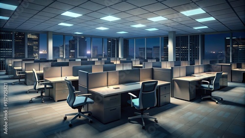 Darkened office space with deserted cubicles, illuminated only by faint city lights outside, casting an eerie glow on vacant chairs and empty desks.