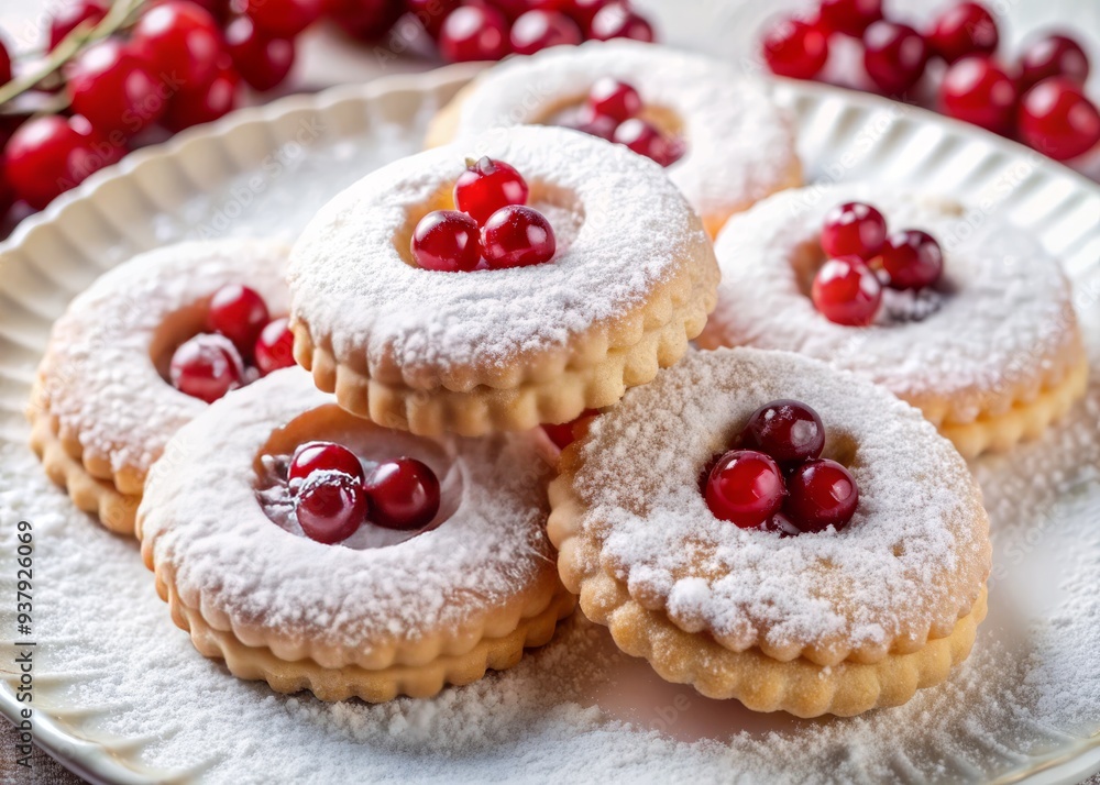 Delicate, crumbly cookies with soft powdered sugar coats and red currant centers are elegantly arranged on a pristine white plate, evoking a winter wonderland feel. Delicate, crumbly cookies with soft powdered sugar coats and red currant centers are elegantly arranged on a pristine white plate, evoking a winter wonderland feel.