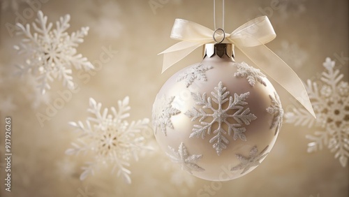 Delicate, intricately designed white Christmas ornament with snowflake patterns and subtle sparkle, suspended from a frosted glass ribbon against a soft, creamy background. photo