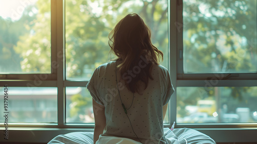 
A woman sitting on a hospital bed facing a window with an IV drip attached photo