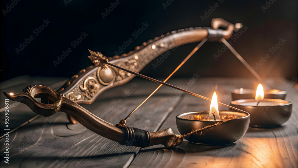 Bow and Arrows with Diya Frame concept as Vertical frame with a bow and arrows on one side and a lit diya on the other creating a balanced and symbolic Dussehra themed copy space ideal for designs tha Bow and Arrows with Diya Frame concept as Vertical frame with a bow and arrows on one side and a lit diya on the other creating a balanced and symbolic Dussehra themed copy space ideal for designs tha