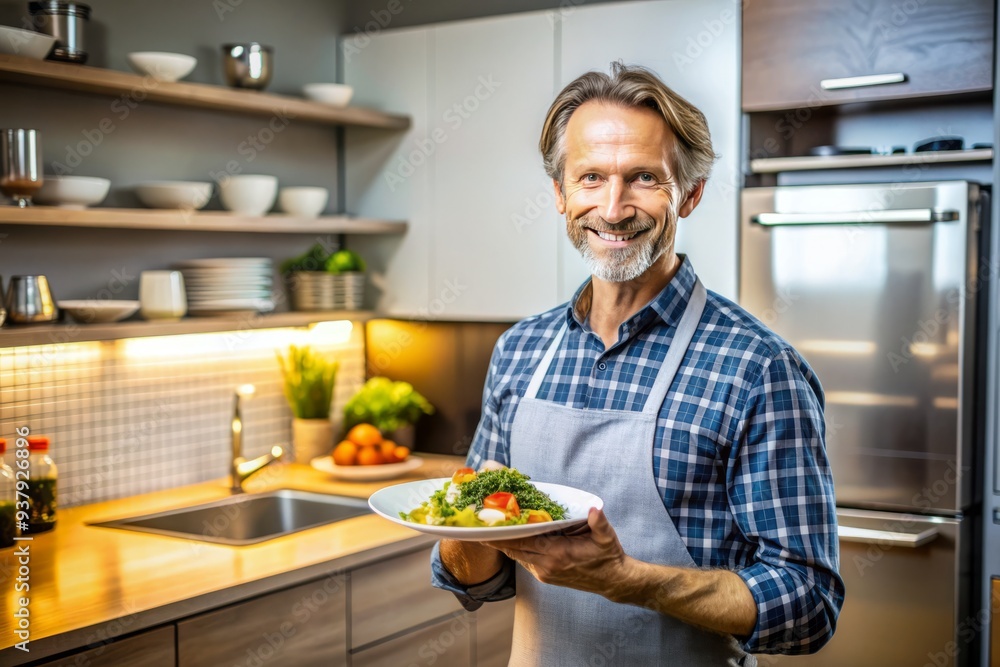Delighted individual proudly displays a freshly cooked meal on a plate, standing in front of a modern kitchen appliance, surrounded by a warm and inviting atmosphere. Delighted individual proudly displays a freshly cooked meal on a plate, standing in front of a modern kitchen appliance, surrounded by a warm and inviting atmosphere.