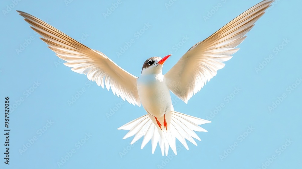 Obraz premium Close-up of a bird in mid-flight with wings spread wide, against a clear blue sky