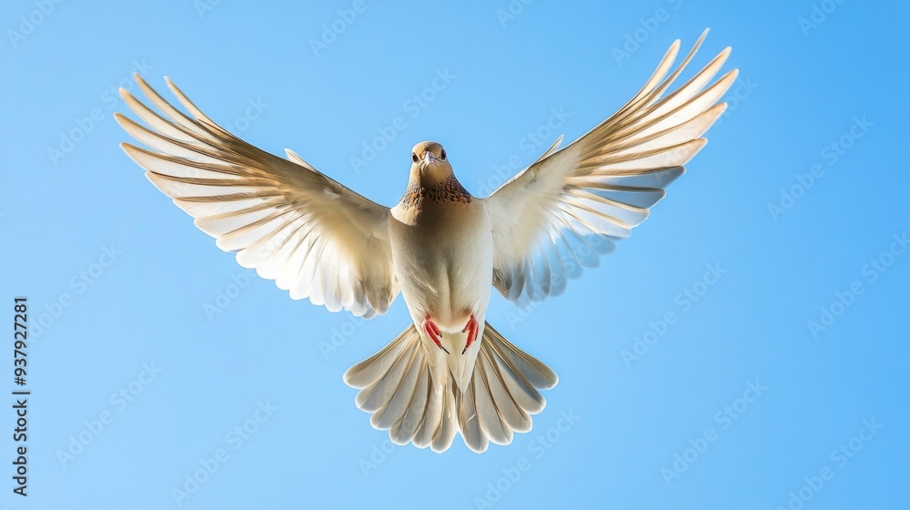 Fototapeta premium Close-up of a bird in mid-flight with wings spread wide, against a clear blue sky