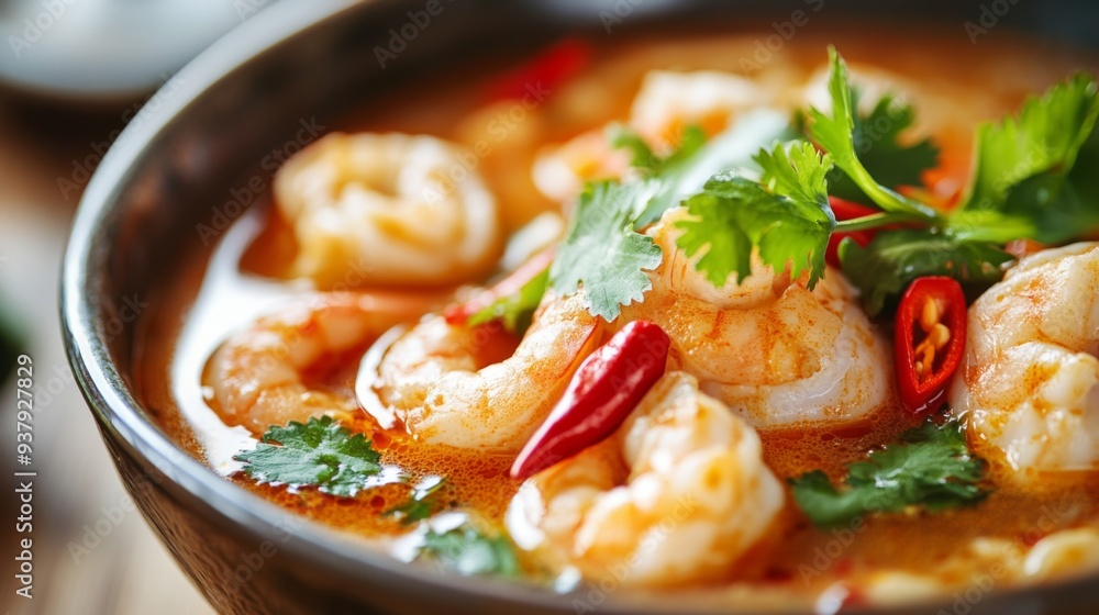 Close-up of a bowl of Tom Yum Goong with a rich, aromatic broth, garnished with fresh herbs and red chili peppers Close-up of a bowl of Tom Yum Goong with a rich, aromatic broth, garnished with fresh herbs and red chili peppers