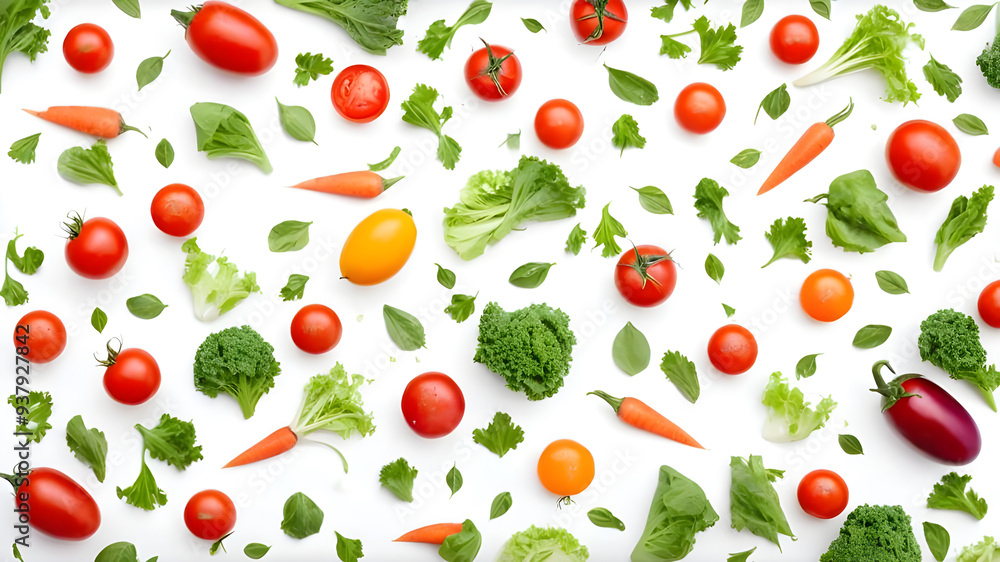 The vegetables, including vibrant red tomatoes, crisp green lettuce, bright orange carrots, and deep purple eggplants, are randomly placed but arranged to create a visually appealing composition The vegetables, including vibrant red tomatoes, crisp green lettuce, bright orange carrots, and deep purple eggplants, are randomly placed but arranged to create a visually appealing composition