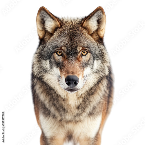 The image shows a majestic wolf with piercing yellow eyes on transparent background..