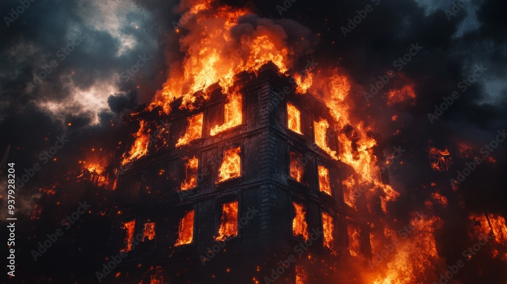 Close-up of a building engulfed in flames, with intense fire and smoke rising against a darkened sky Close-up of a building engulfed in flames, with intense fire and smoke rising against a darkened sky