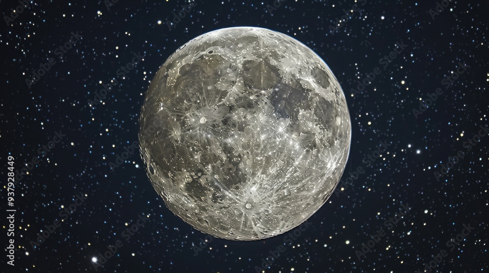 Fototapeta premium Close-up of a full moon in a clear night sky surrounded by stars
