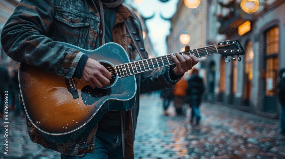 Obraz premium A street musician plays guitar in a lanternlit city alley during autumn, creating a warm, cozy atmosphere