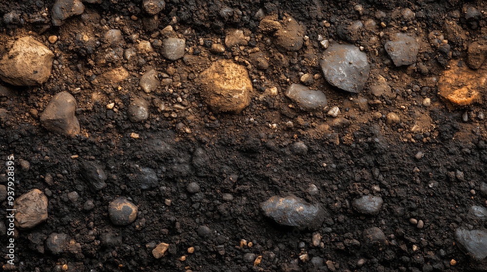 The surface displays varied soil textures and shades, mixed with stones for an earthy vibe The surface displays varied soil textures and shades, mixed with stones for an earthy vibe