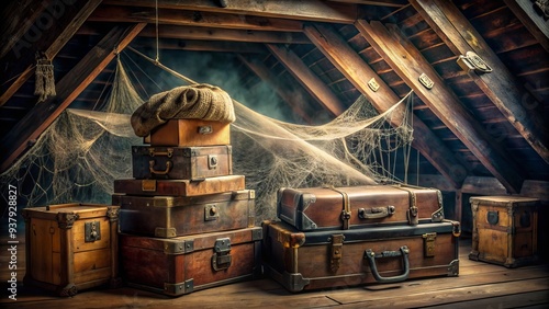 Dusty antique trunks, forgotten heirlooms, and vintage furniture clutter a dimly lit, cobweb-covered attic, evoking a sense of nostalgia and forgotten memories. photo