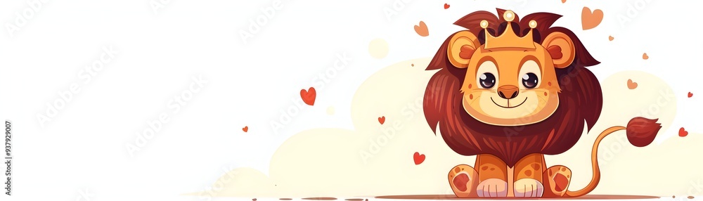 Obraz premium Cute Cartoon Lion with Crown Regal and Majestic on White Background Isolated Concept