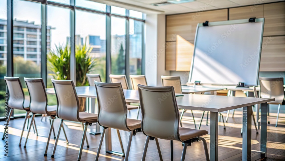 Educational setting with a modern whiteboard in focus, surrounded by empty chairs and a subtle blurred-out background, conveying a sense of corporate training or lectures. Educational setting with a modern whiteboard in focus, surrounded by empty chairs and a subtle blurred-out background, conveying a sense of corporate training or lectures.