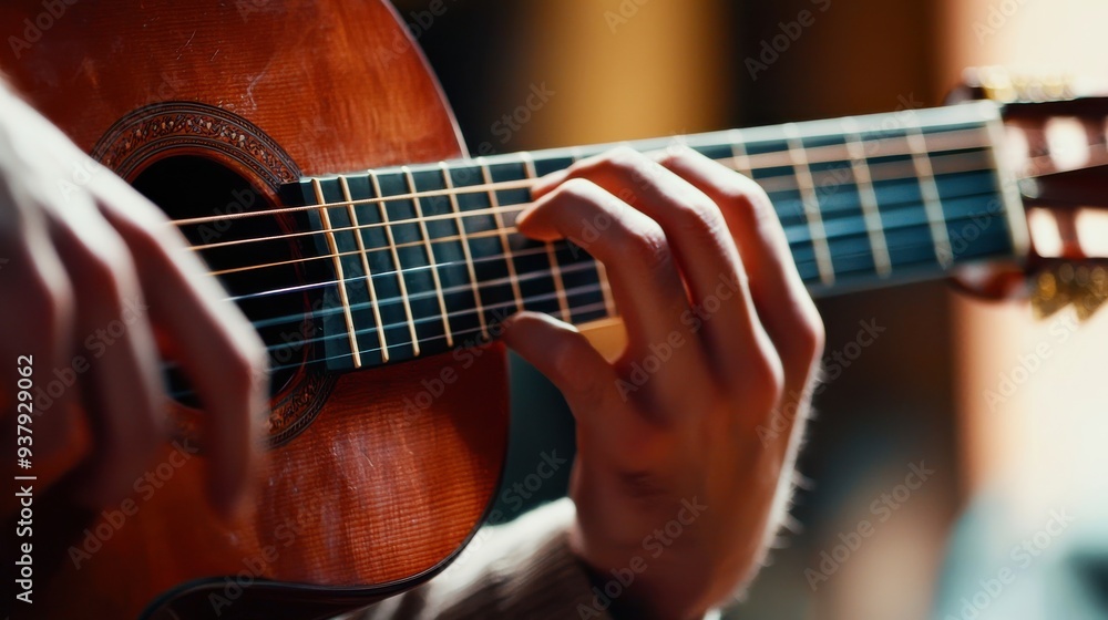 Fototapeta premium A person plays an instrument like a guitar or piano. The focus is on their hands, capturing the passion and skill of making music in a cozy room, studio, or outdoor space.
