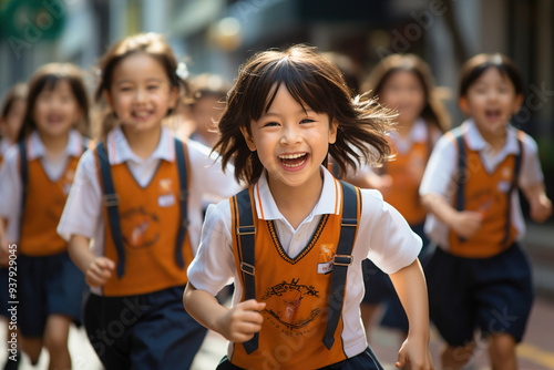 A group of young girls running down a wooden floor in school.