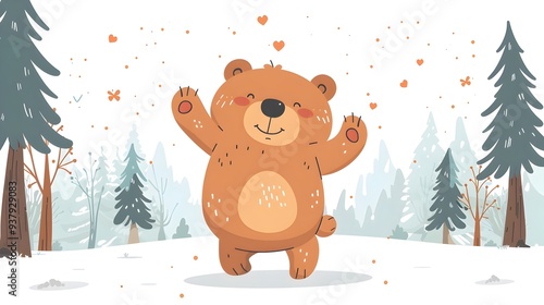 Joyful Cartoon Bear Dancing in Festive Forest Scene on White Background