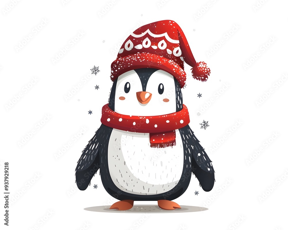 Cheerful Cartoon Penguin in Festive Winter Hat on White Background Cheerful Cartoon Penguin in Festive Winter Hat on White Background