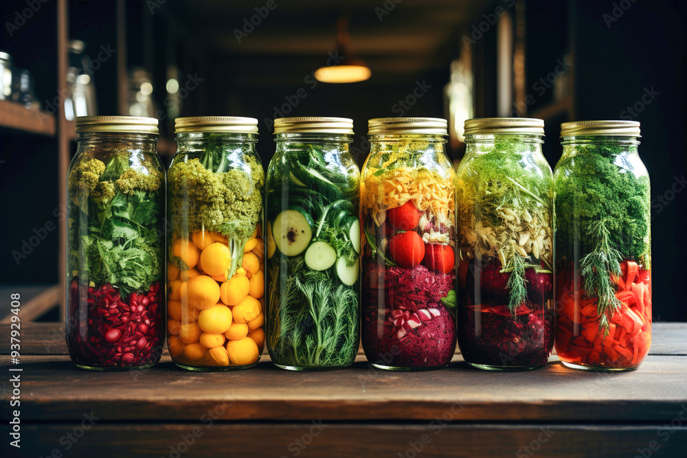 A row of mason jars filled with different types of canned vegetables. A row of mason jars filled with different types of canned vegetables.