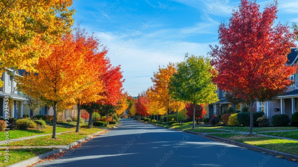 Naklejka premium Close-up of a charming, tree-lined street with colorful fall foliage and a clear blue sky