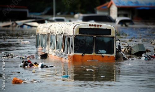 A bus is floating in a flooded street. The bus is covered in mud and debris. The scene is chaotic and disorganized photo