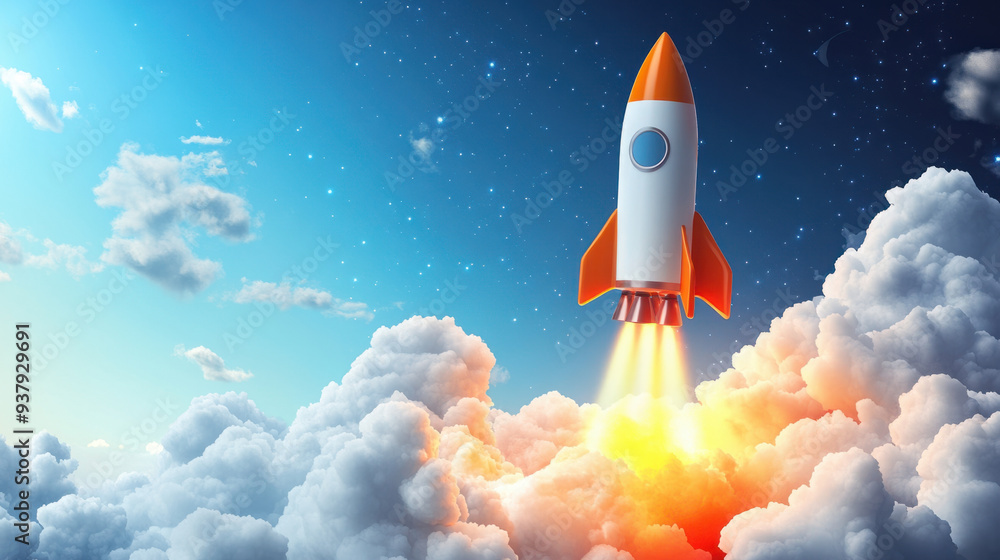 Rocket Launch, A colorful rocket is launching into the sky, representing the exciting and dynamic spirit of new startups Rocket Launch, A colorful rocket is launching into the sky, representing the exciting and dynamic spirit of new startups