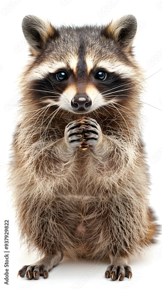 Curious Raccoon Holding a Shiny Object with Mischievous Look on White Background Curious Raccoon Holding a Shiny Object with Mischievous Look on White Background