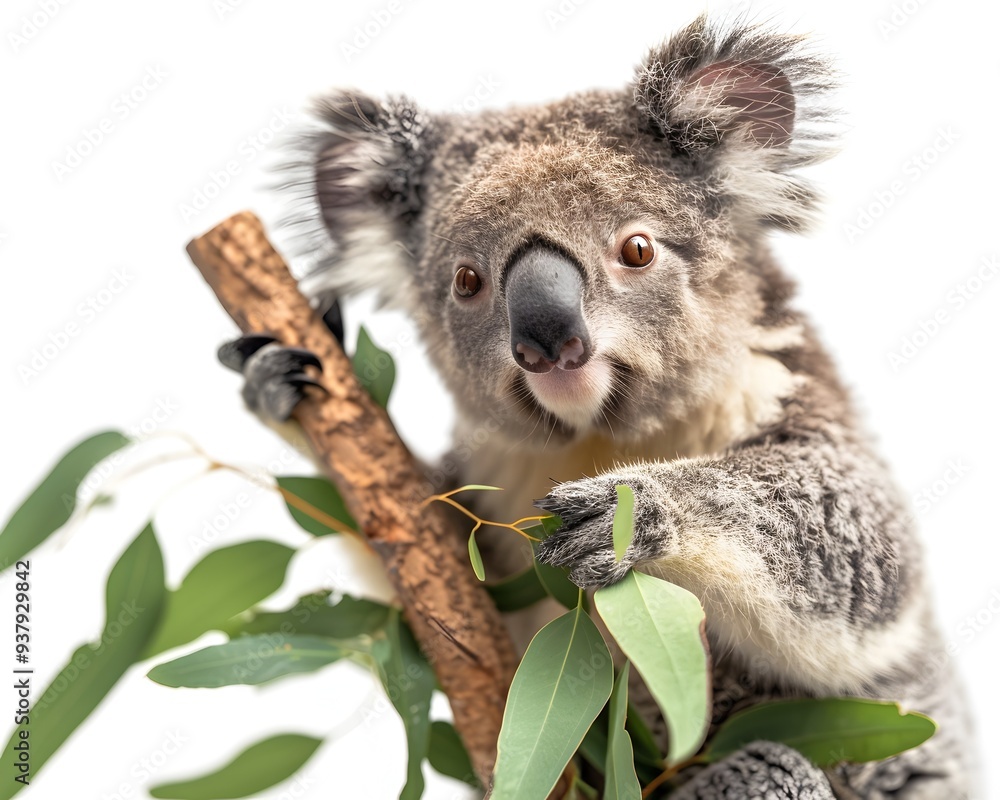 Naklejka premium Adorable Koala Clinging Peacefully to Eucalyptus Branch on White Background