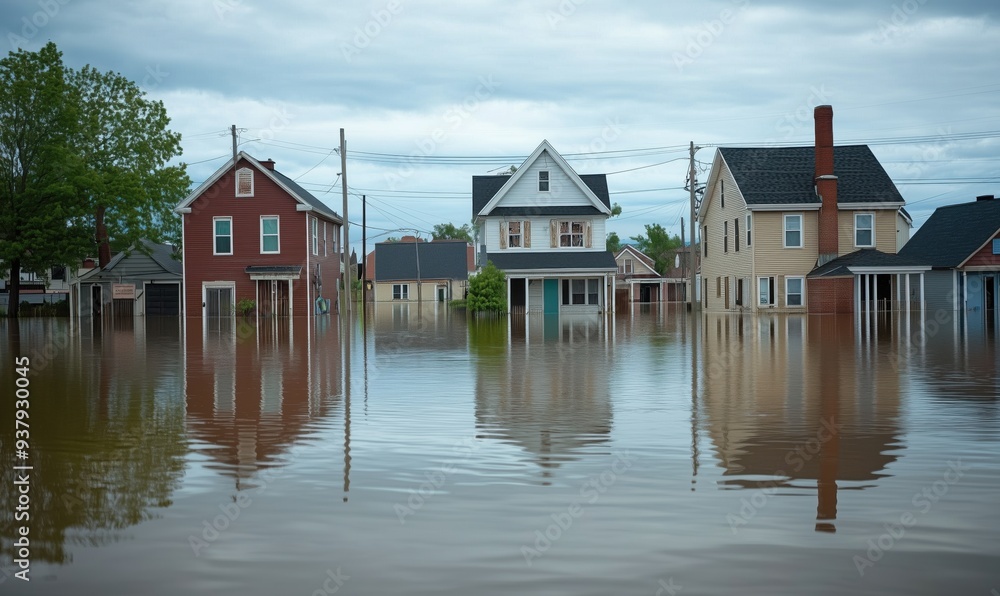 A flooded street with houses in the background. Scene is one of sadness and despair A flooded street with houses in the background. Scene is one of sadness and despair