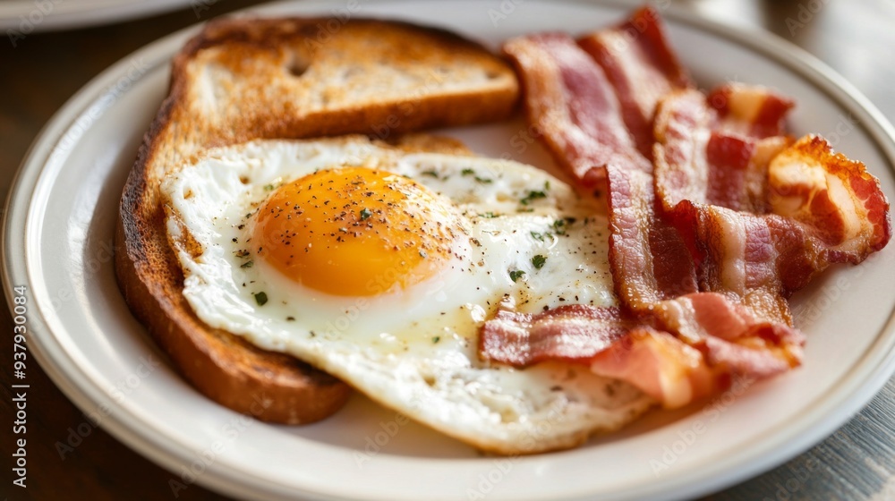 Close-up of a classic American breakfast plate with eggs, bacon, and toast Close-up of a classic American breakfast plate with eggs, bacon, and toast