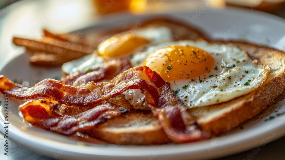 Close-up of a classic American breakfast plate with eggs, bacon, and toast Close-up of a classic American breakfast plate with eggs, bacon, and toast