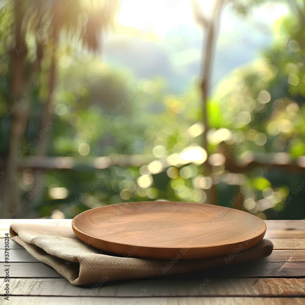 Empty wooden plate on table with blurred green garden background, for product display montage on natural linen cloth napkin in front of blurred park or forest landscape. Empty wooden plate on table with blurred green garden background, for product display montage on natural linen cloth napkin in front of blurred park or forest landscape.